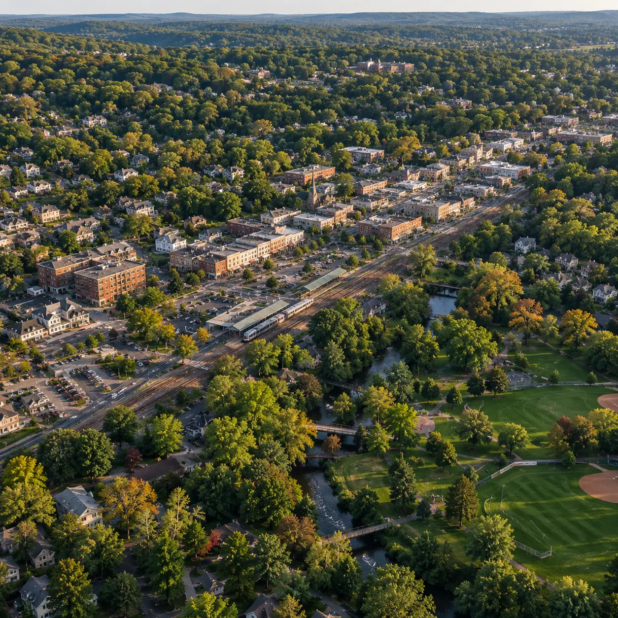 Aerial view of trees and homes in Roxbury, NJ