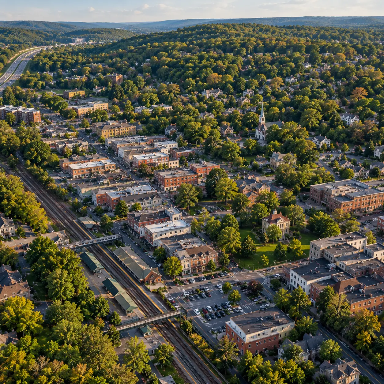 Aerial view of trees and homes in Morristown, NJ