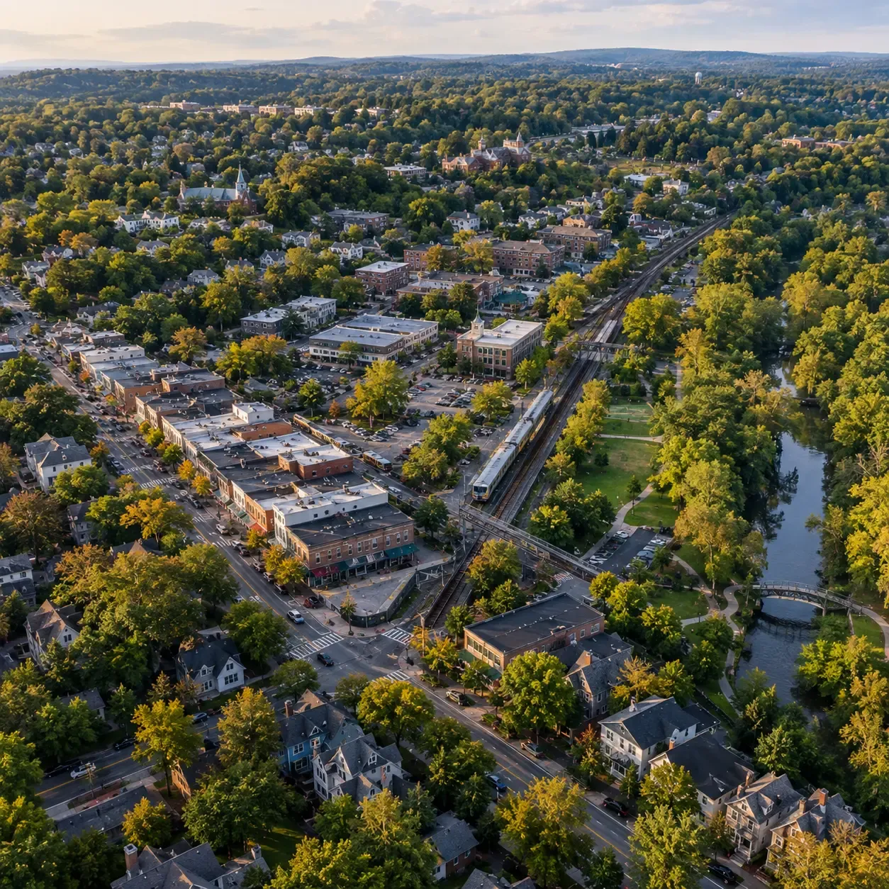 Aerial view of trees and homes in Maplewood, NJ