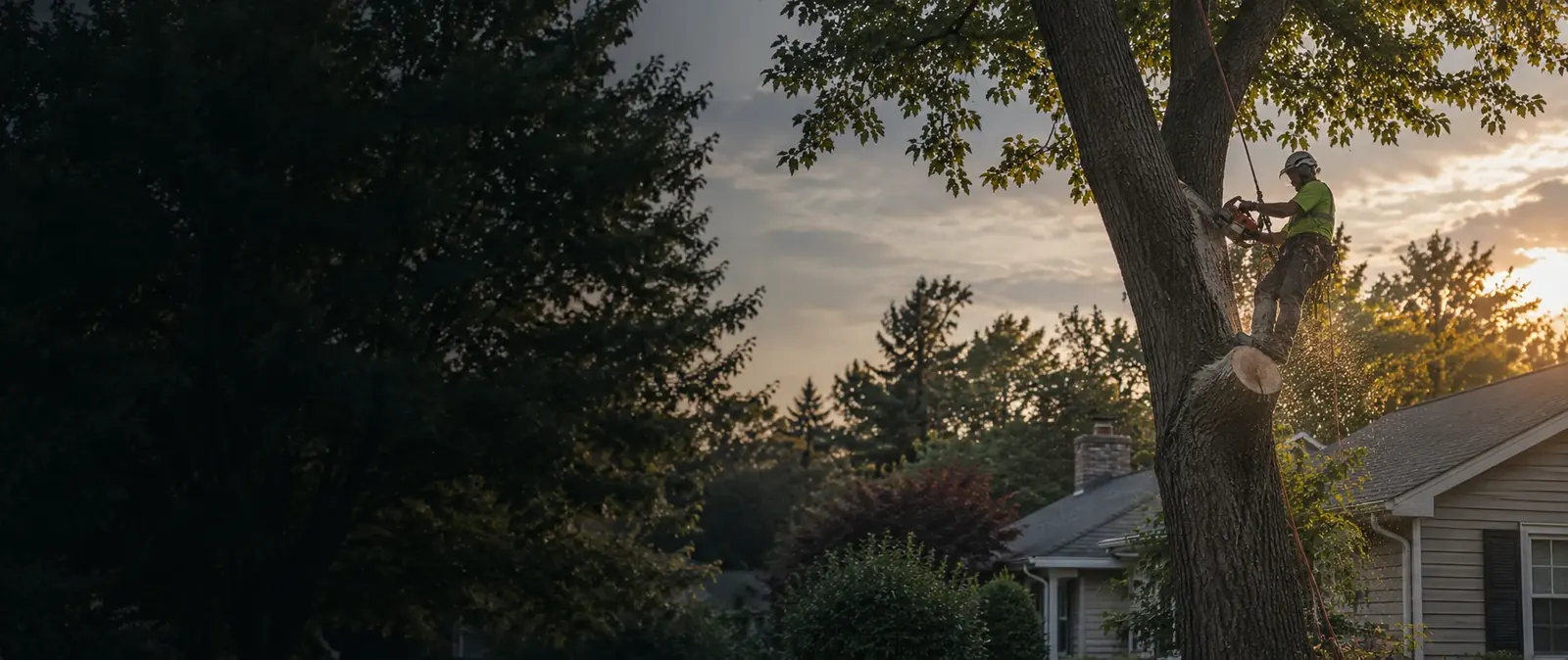Tree climber using a chainsaw on a large tree beside a house