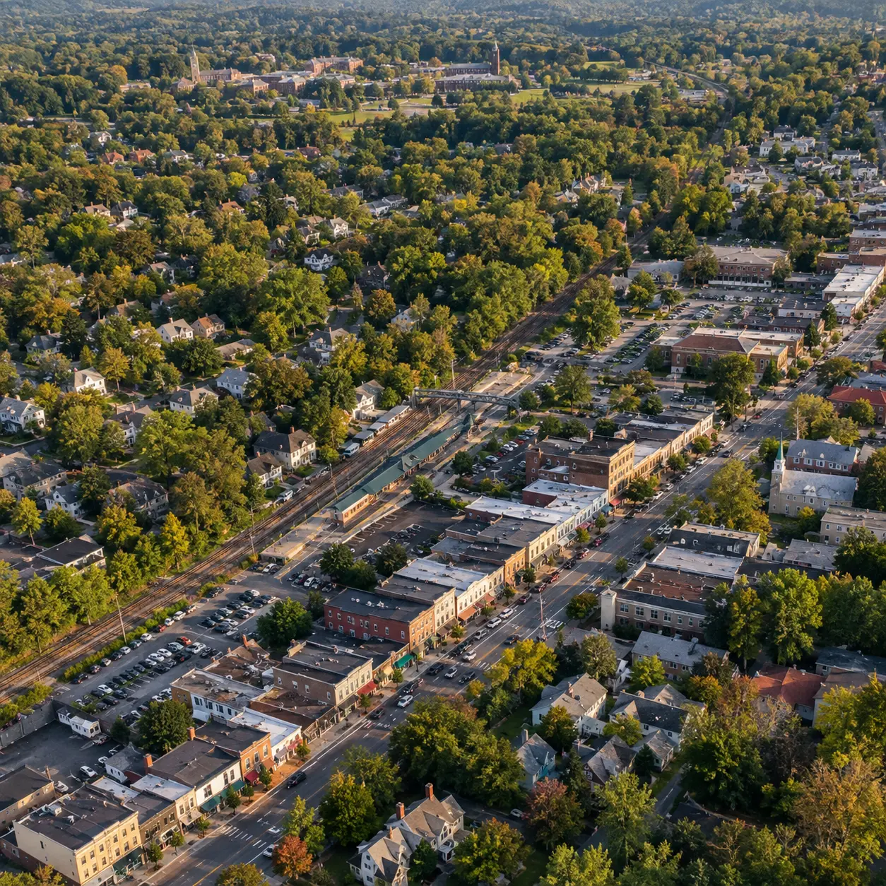 Aerial view of trees and homes in Madison, NJ