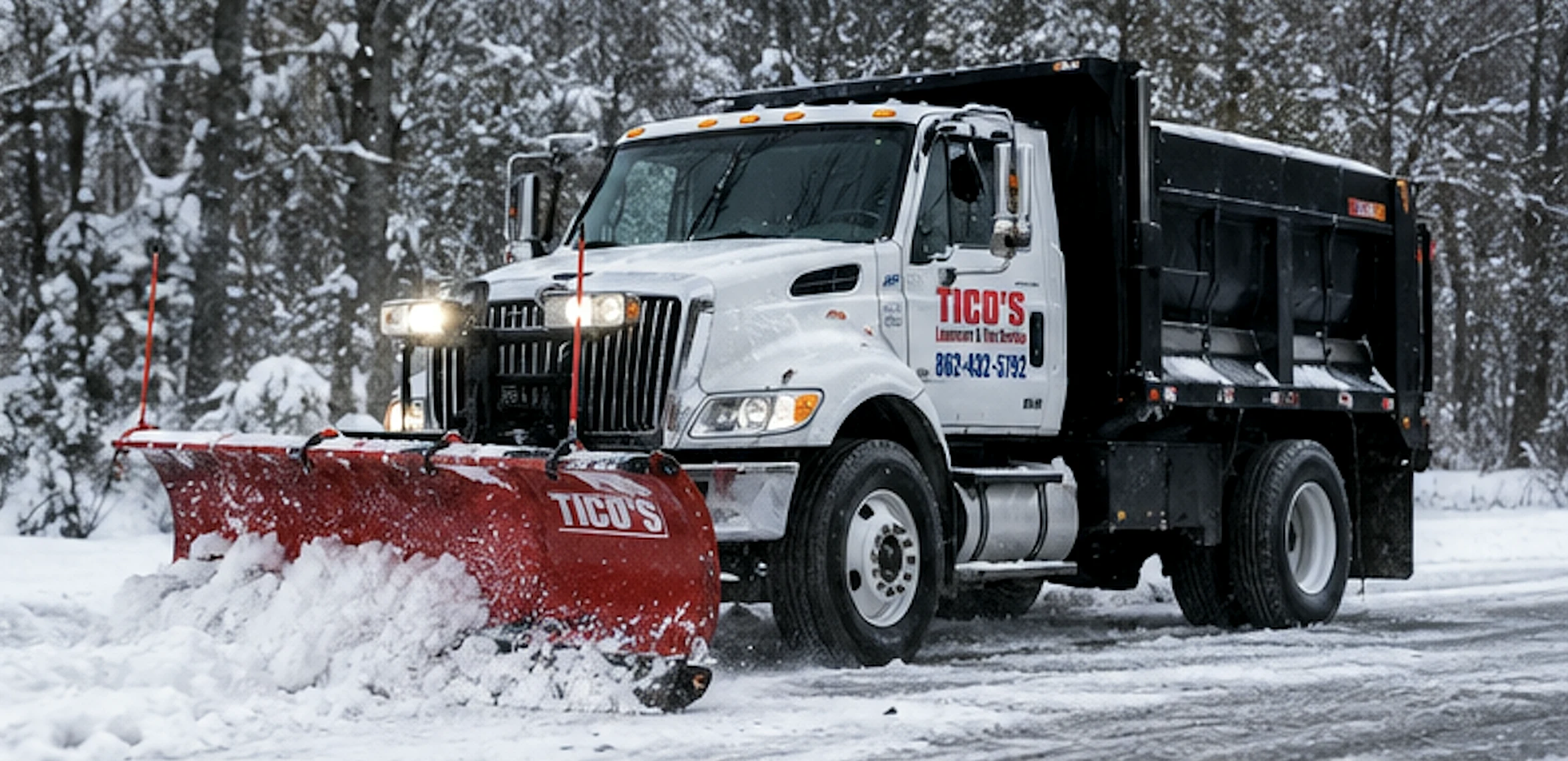Tico's white dump truck with a red plow pushing snow across a lot lined with snowy trees