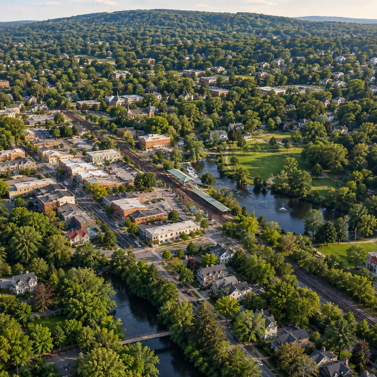 Aerial view of trees and homes in Millburn, NJ
