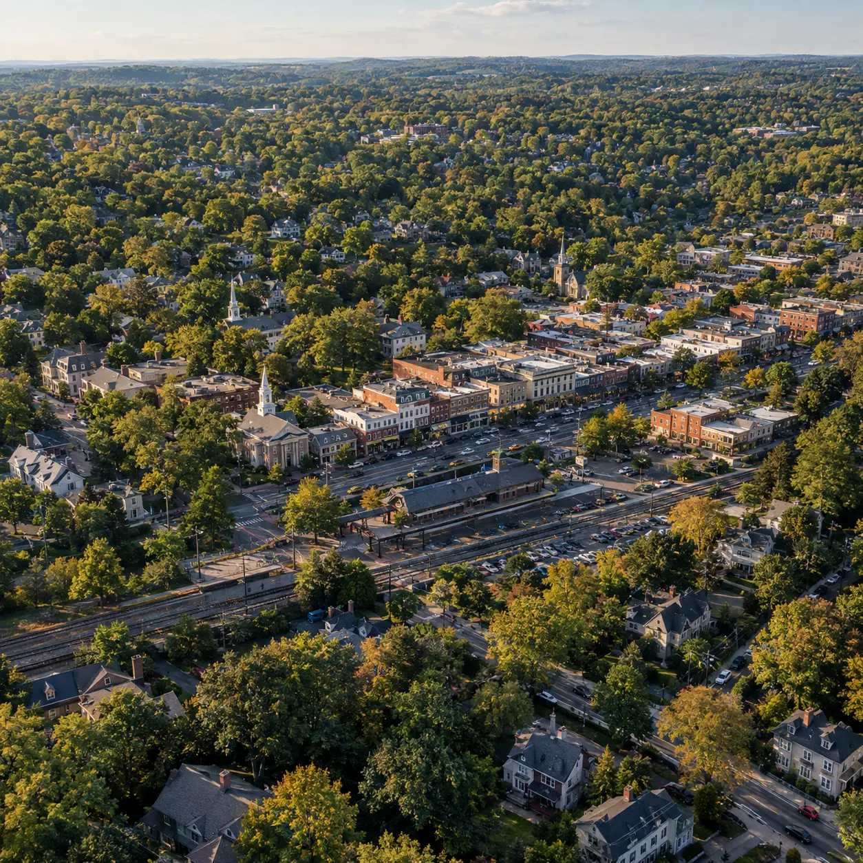 Aerial view of trees and homes in Chatham, NJ