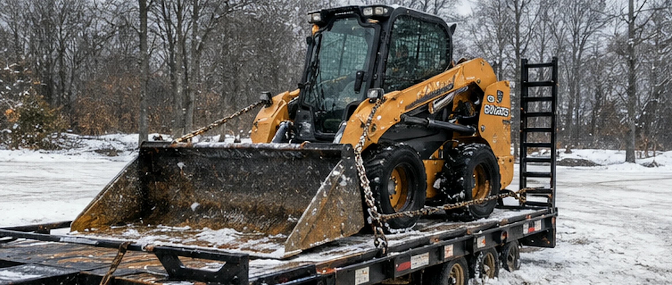 Yellow skid steer with a bucket chained down on a trailer in the snow
